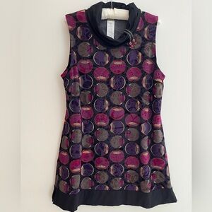 DOLCEZZA Tunic Mini Dress A Line Circle Pattern Sleeveless Cowl Neck Artsy Chic